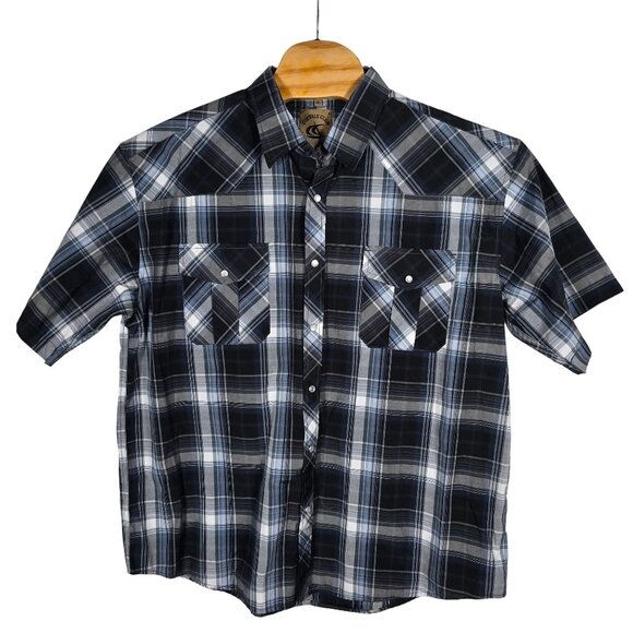 Coevals Club Western Pearl Snap Shirt XXL Men's Short Sleeve Blue White Plaid - Picture 2 of 5